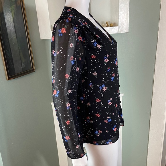NWT New 1. State Black Blouse Floral sheer button down top shirt XS XSmall - Picture 5 of 9
